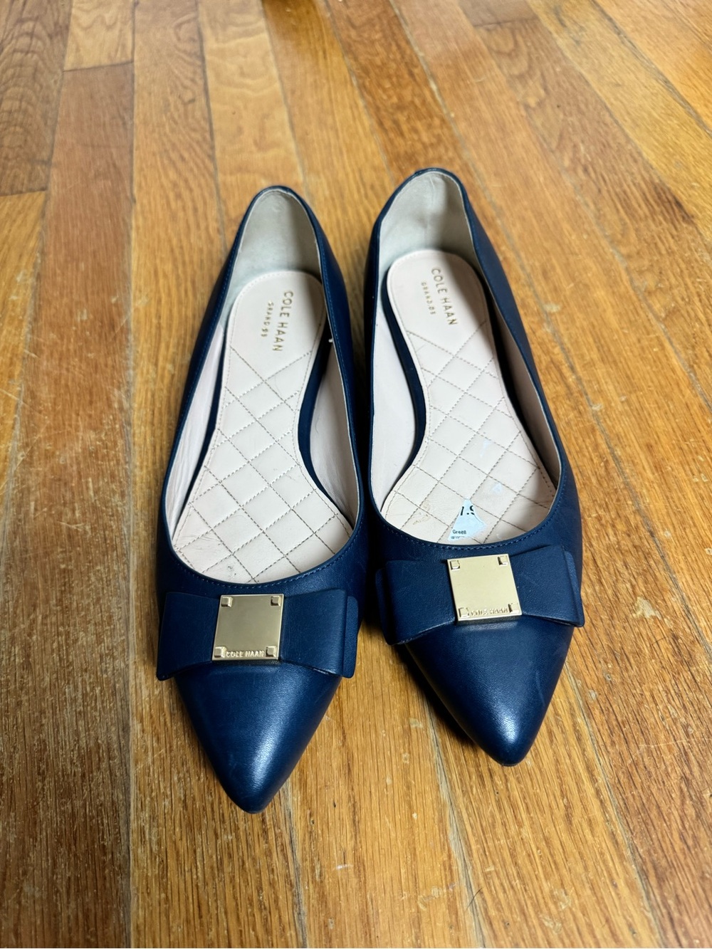 Cole Haan Navy Pointed-Toe Ballet Flats with Bow and Gold Accent - Picture 2 of 8